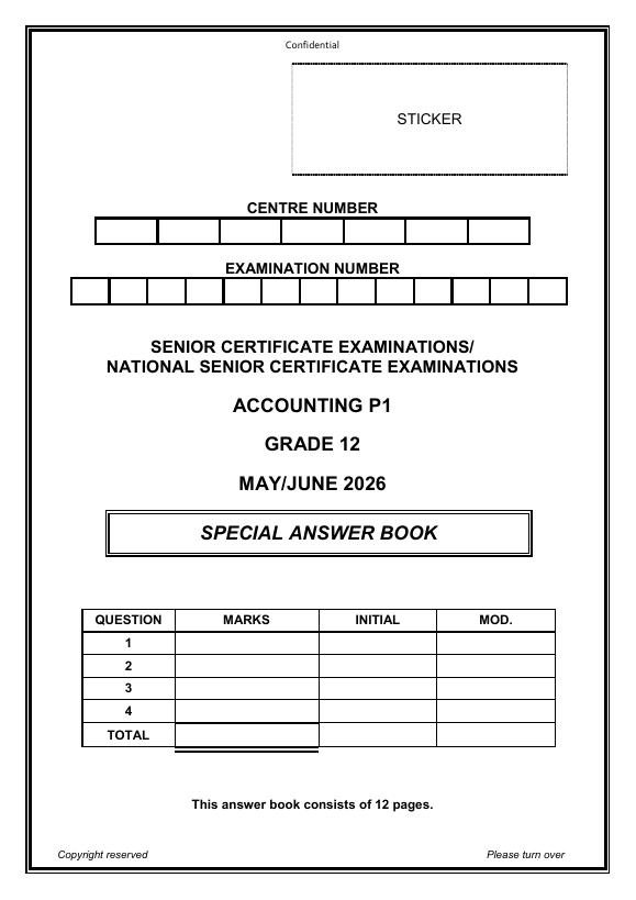 Accounting Grade 12 DBE Caps May 2026 Paper 1 - Answer Book