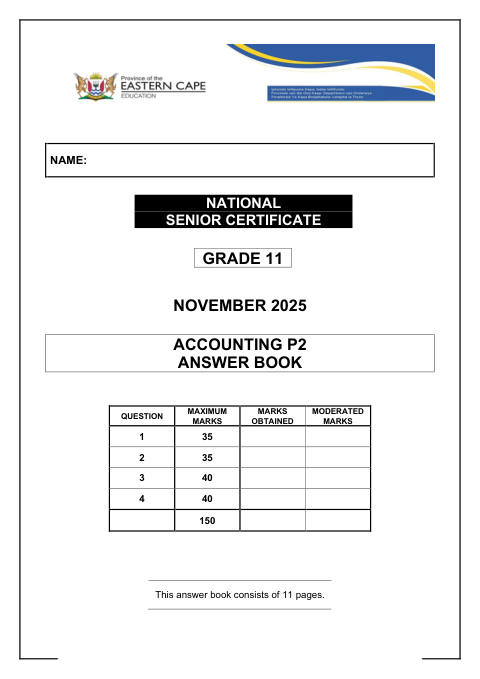 Accounting Grade 11 DBE Caps November 2025 - Question Paper (Eastern Cape)