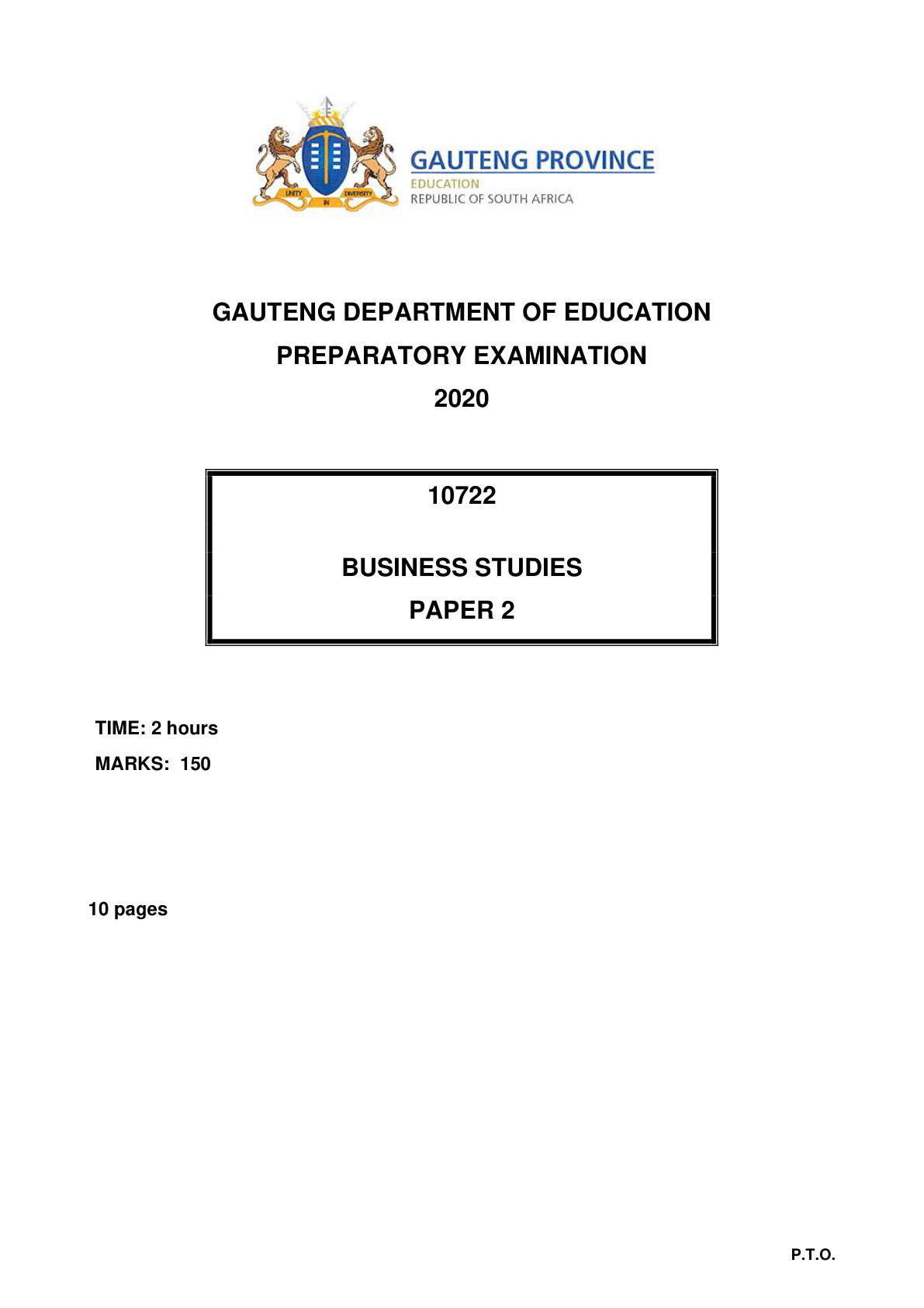 Business Studies Paper 2 (Gauteng) Preparatory 2020 Grade 12 DBE