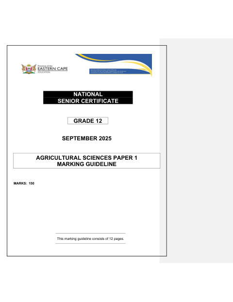 Agricultural Sciences Grade 12 DBE Caps September 2025 Paper 1 - Memo (Eastern Cape)