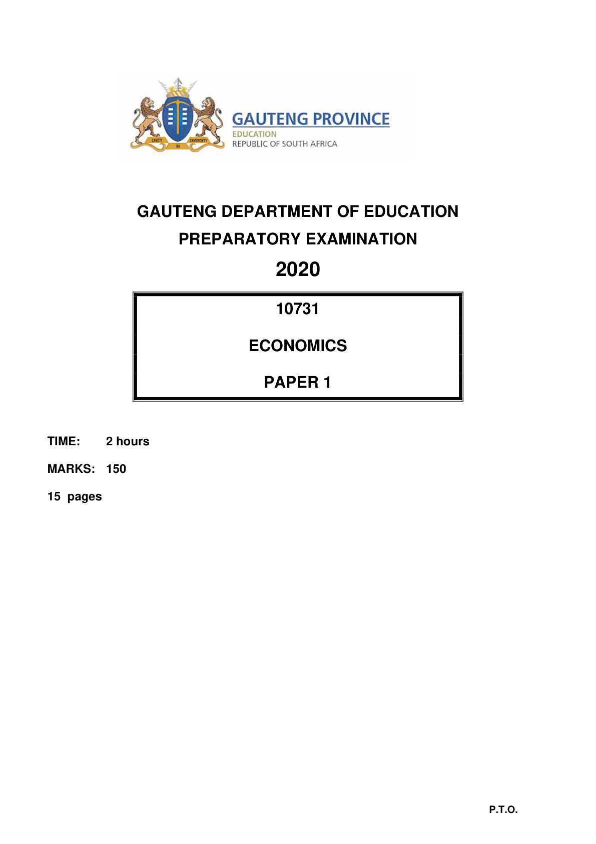 Economics Paper 1 (Gauteng) Preparatory 2020 Grade 12 DBE