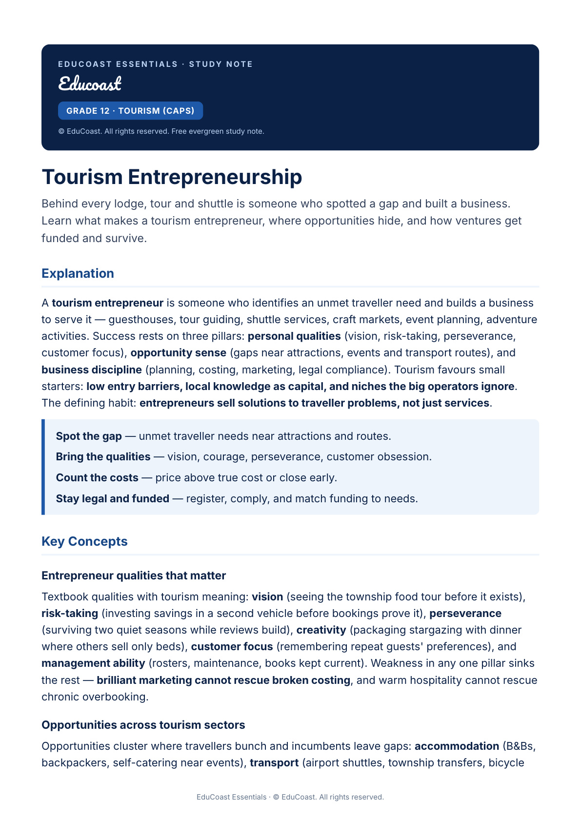 Tourism Entrepreneur — Grade 12 Tourism (CAPS)