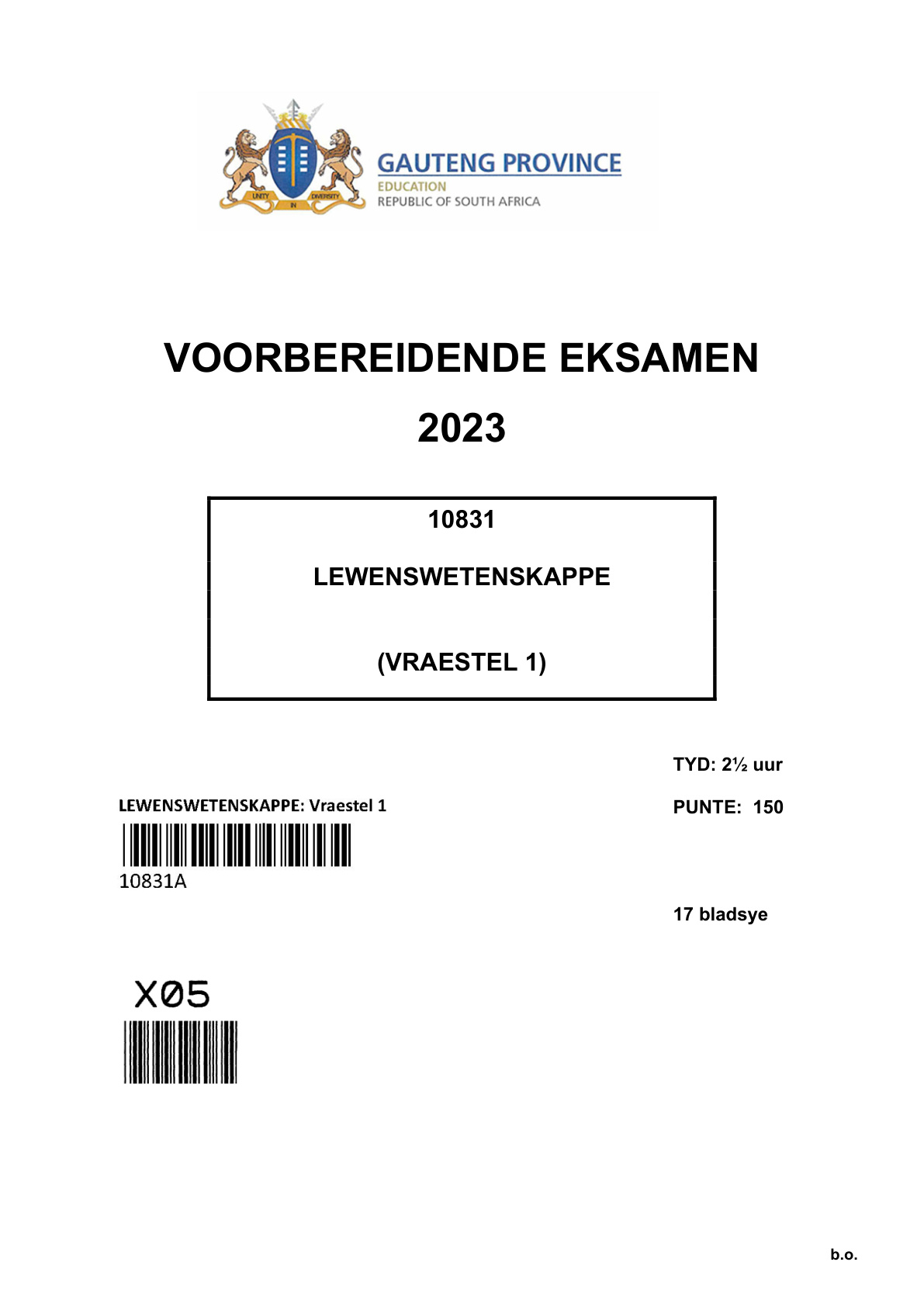 Life Sciences Paper 1 (Gauteng) Preparatory 2023 Grade 12 DBE