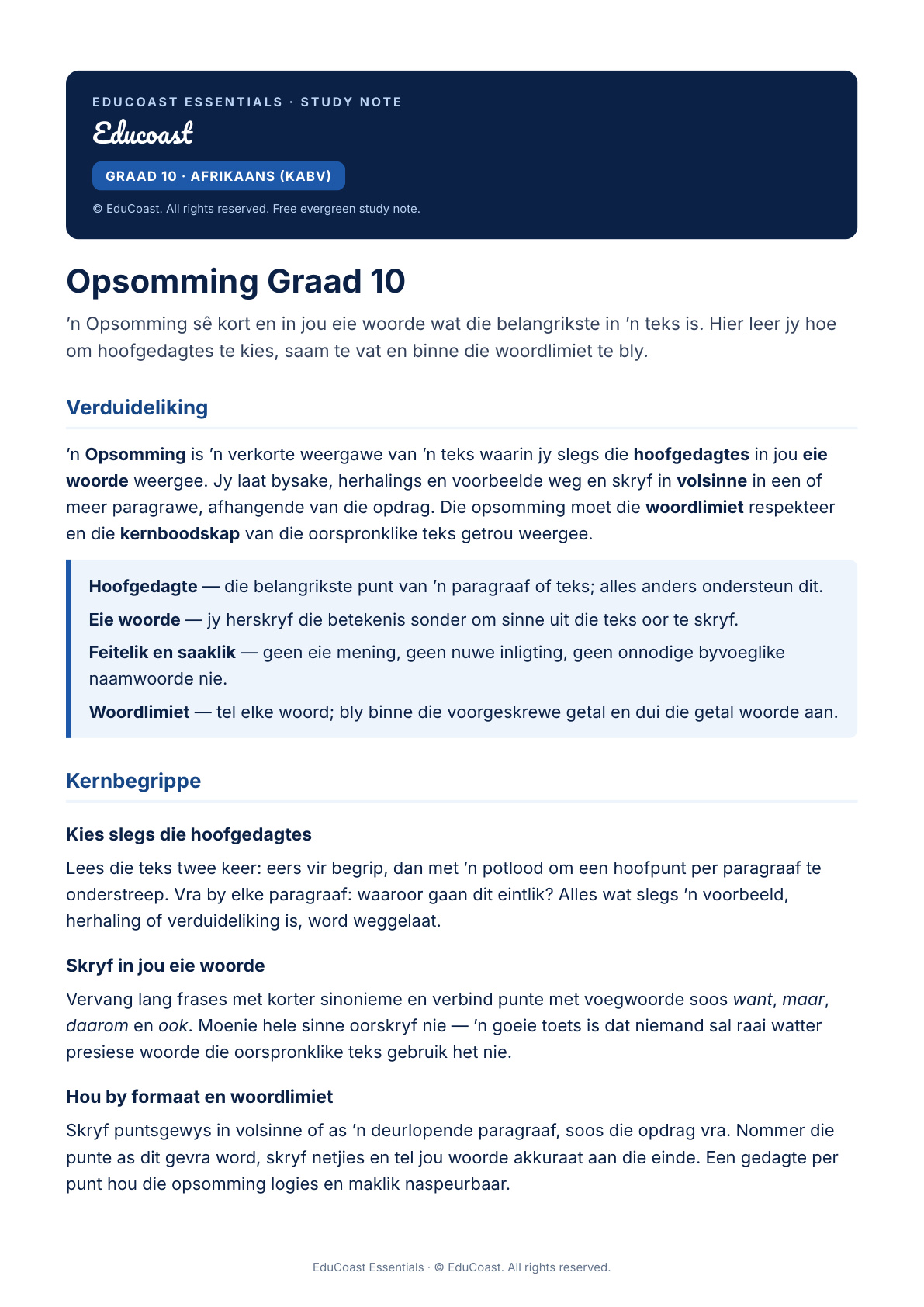 Opsomming — Graad 10 Afrikaans (Kabv)