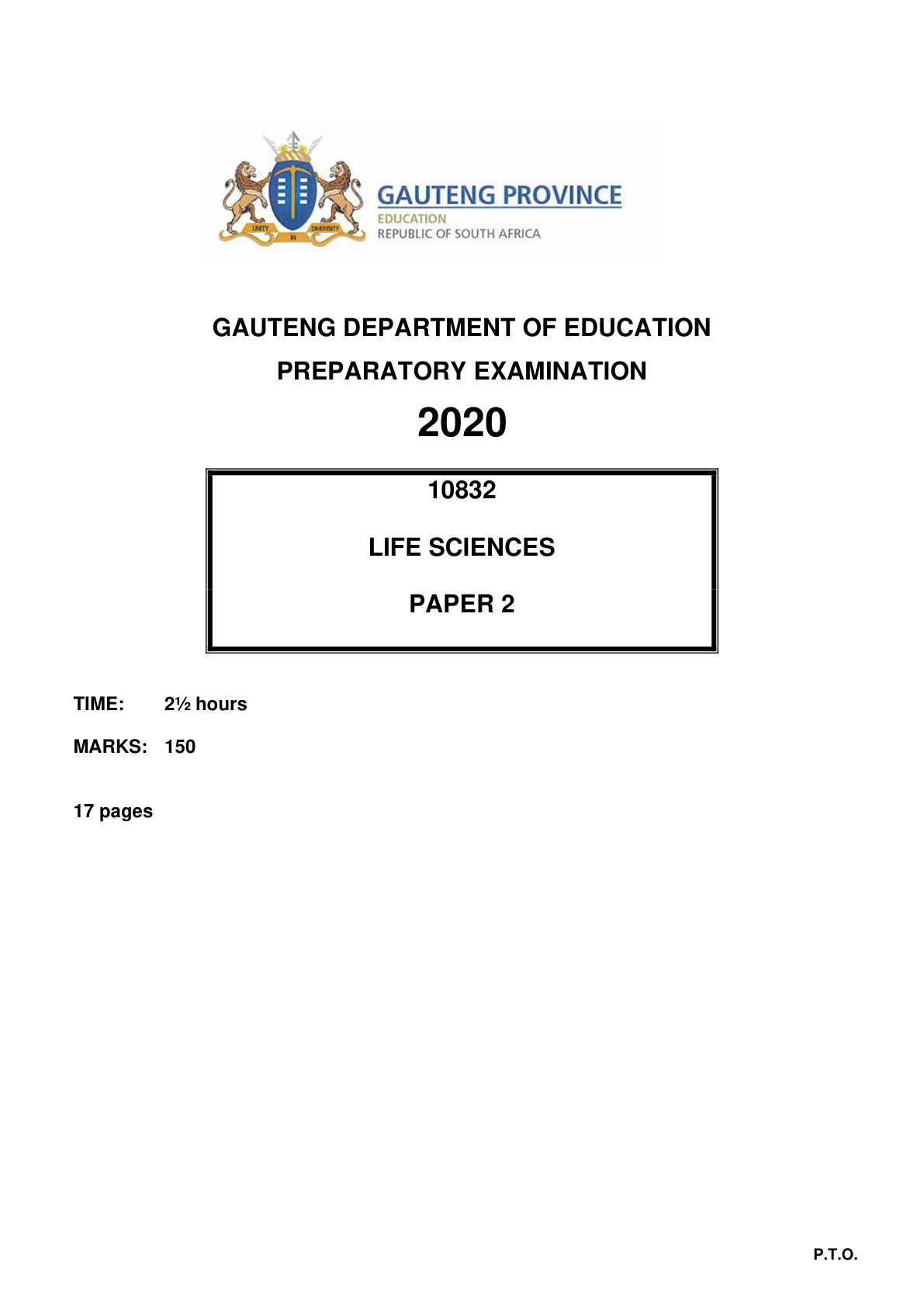 Life Sciences Paper 2 (Gauteng) Preparatory 2020 Grade 12 DBE