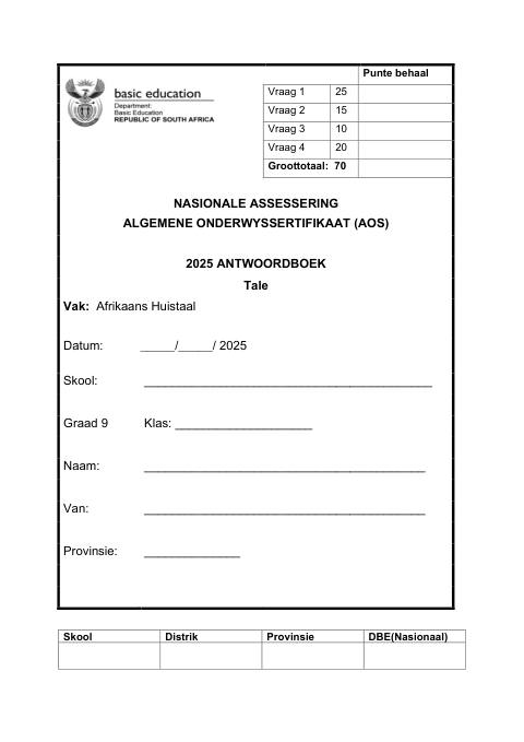 Afrikaans Home Language Grade 9 DBE Caps Gec 2025 - Answer Book (Eastern Cape)