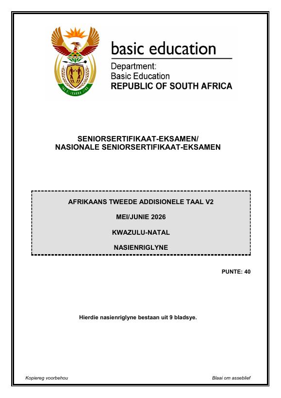 Afrikaans Second Additional Language Grade 12 DBE CAPS May 2026 Paper 2 - Memo (KwaZulu-Natal)