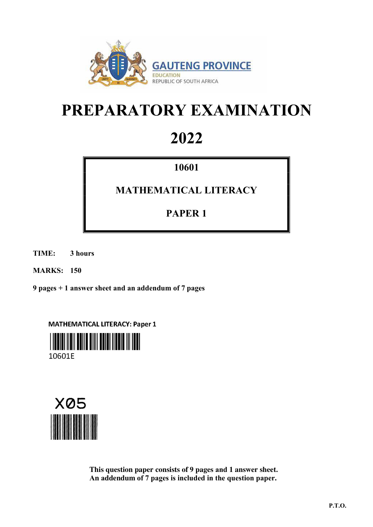 Mathematical Literacy Paper 1 (Gauteng) Preparatory 2022 Grade 12 DBE