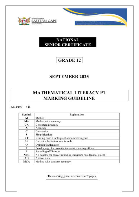 Mathematical Literacy Grade 12 DBE Caps September 2025 Paper 1 - Memo (Eastern Cape)