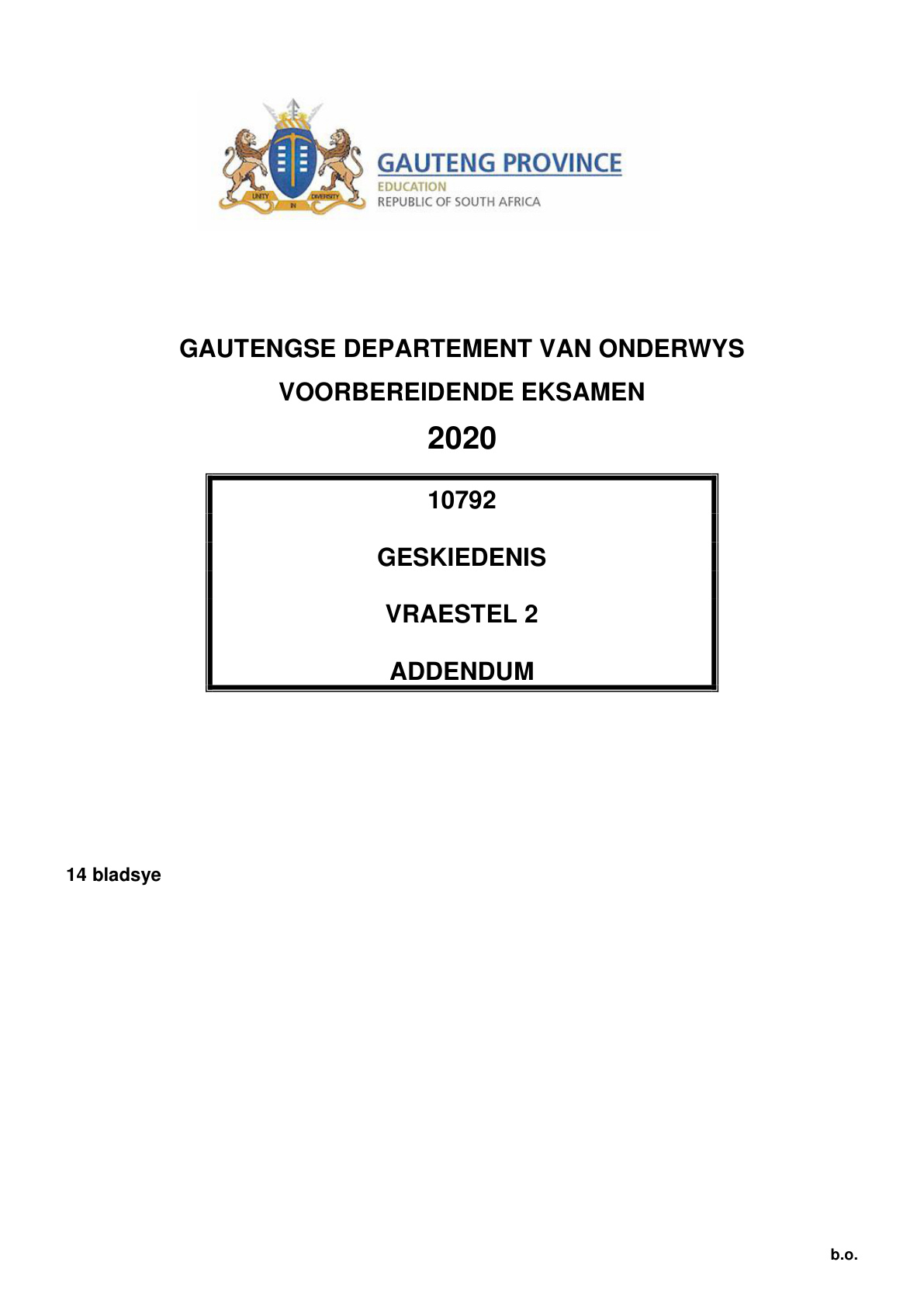 History Paper 2 Addendum (Gauteng) Preparatory 2020 Grade 12 DBE