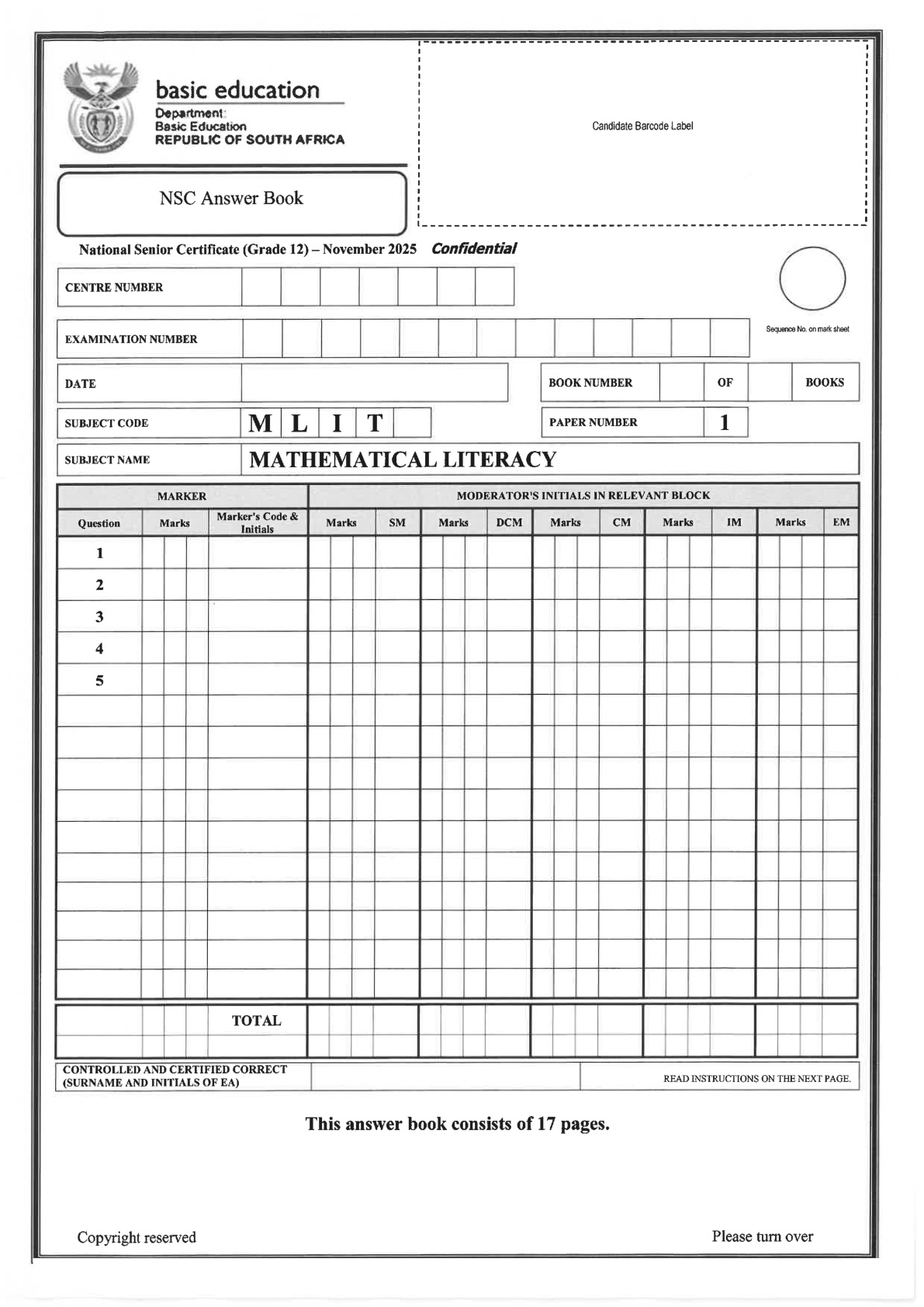 Mathematical Literacy Grade 12 DBE NSC November 2025 Paper 1 - Answer Book (Eastern Cape)