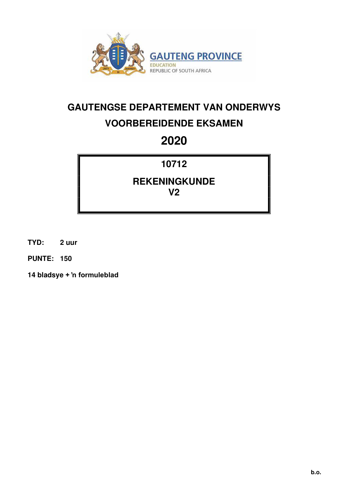 Accounting Paper 2 (Gauteng) Preparatory 2020 Grade 12 DBE