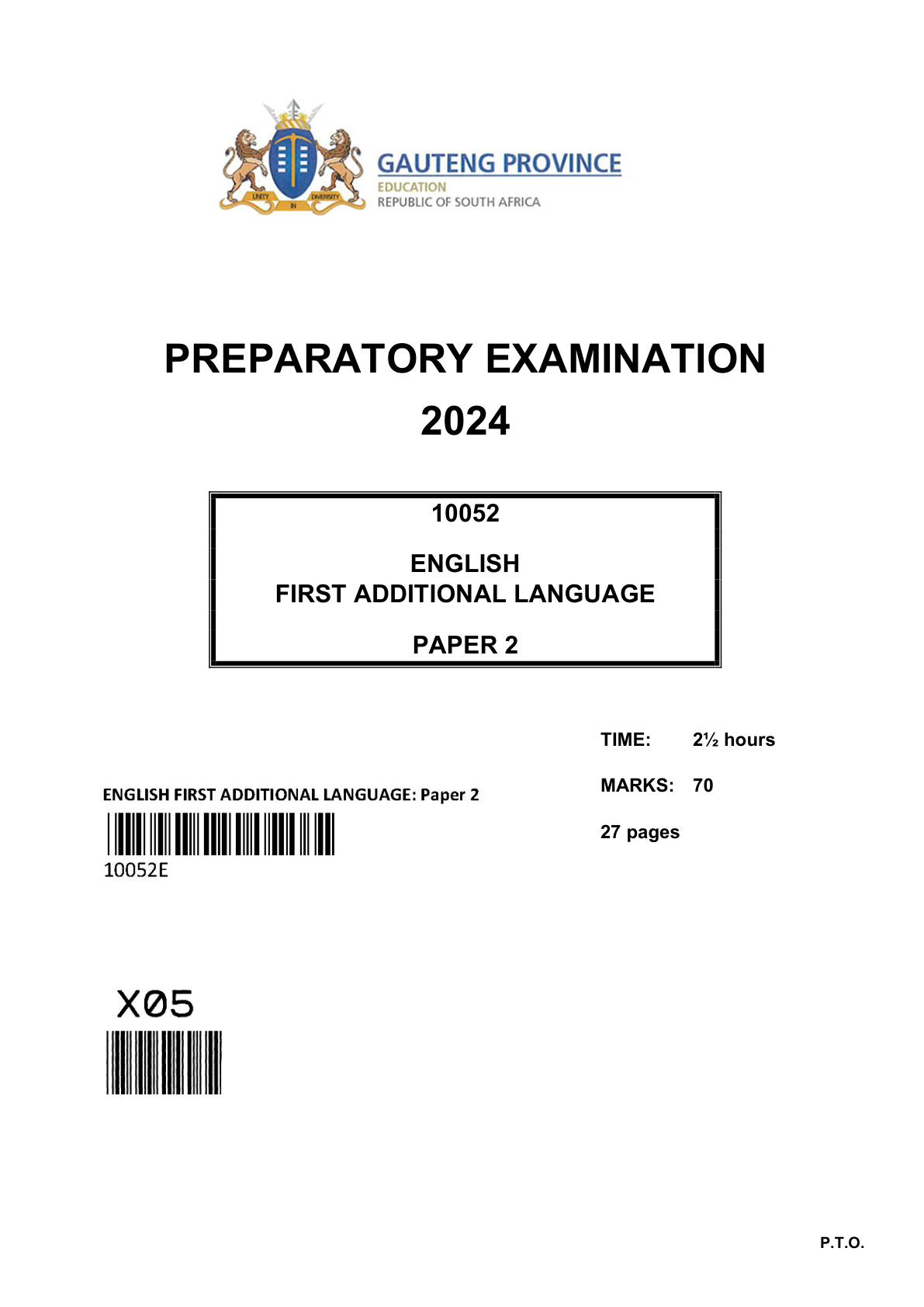 English First Additional Language Paper 2 (Gauteng) Preparatory 2024 Grade 12 DBE