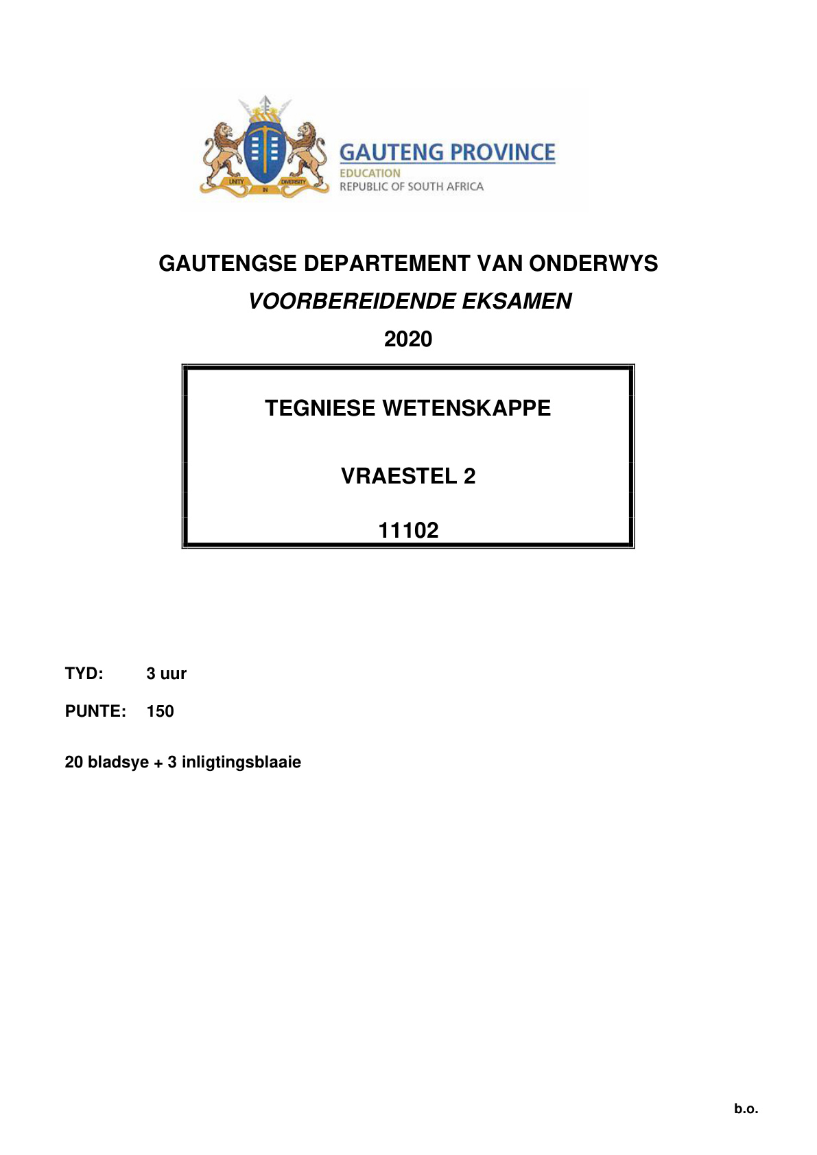 Technical Sciences Paper 2 (Gauteng) Preparatory 2020 Grade 12 DBE