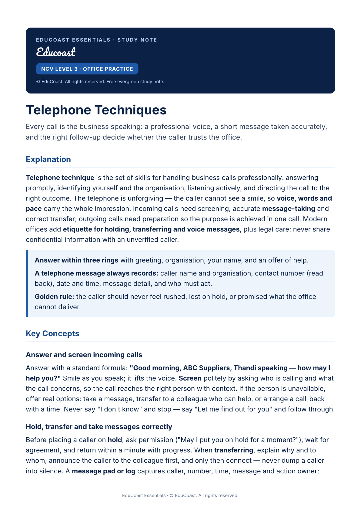 Telephone Techniques — NCV Level 3 Office Practice