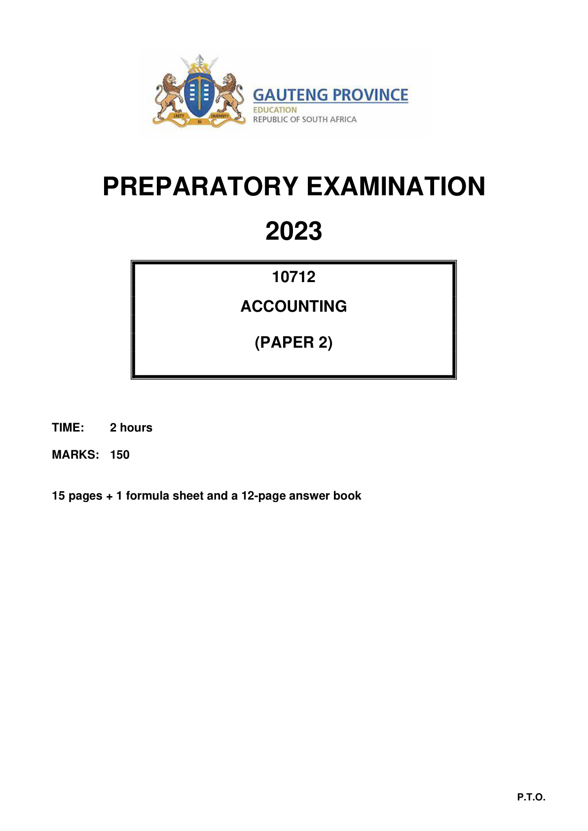 Accounting Paper 2 (Gauteng) Preparatory 2023 Grade 12 DBE