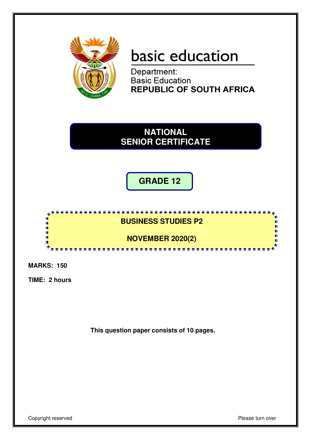 Business Studies Paper 2 (Gauteng) November 2020 Grade 12 DBE