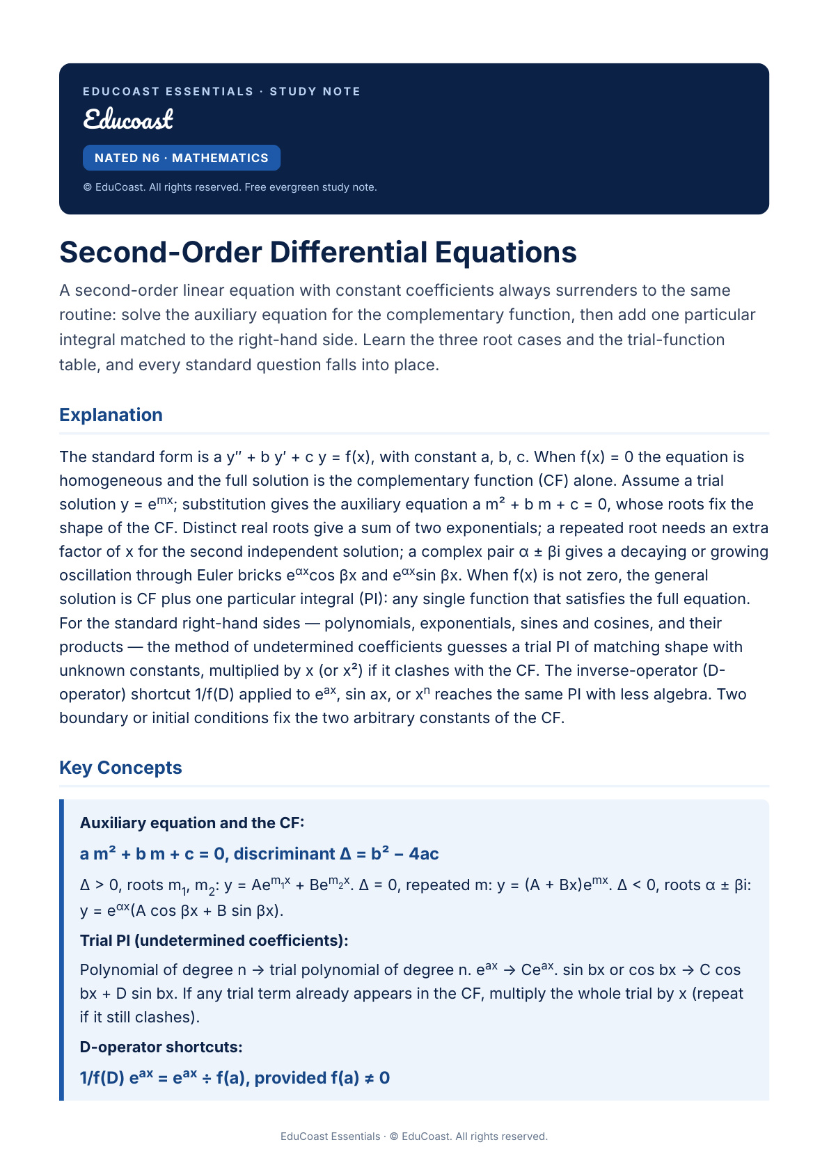 Second-Order Differential Equations — N6 Mathematics (Nated)