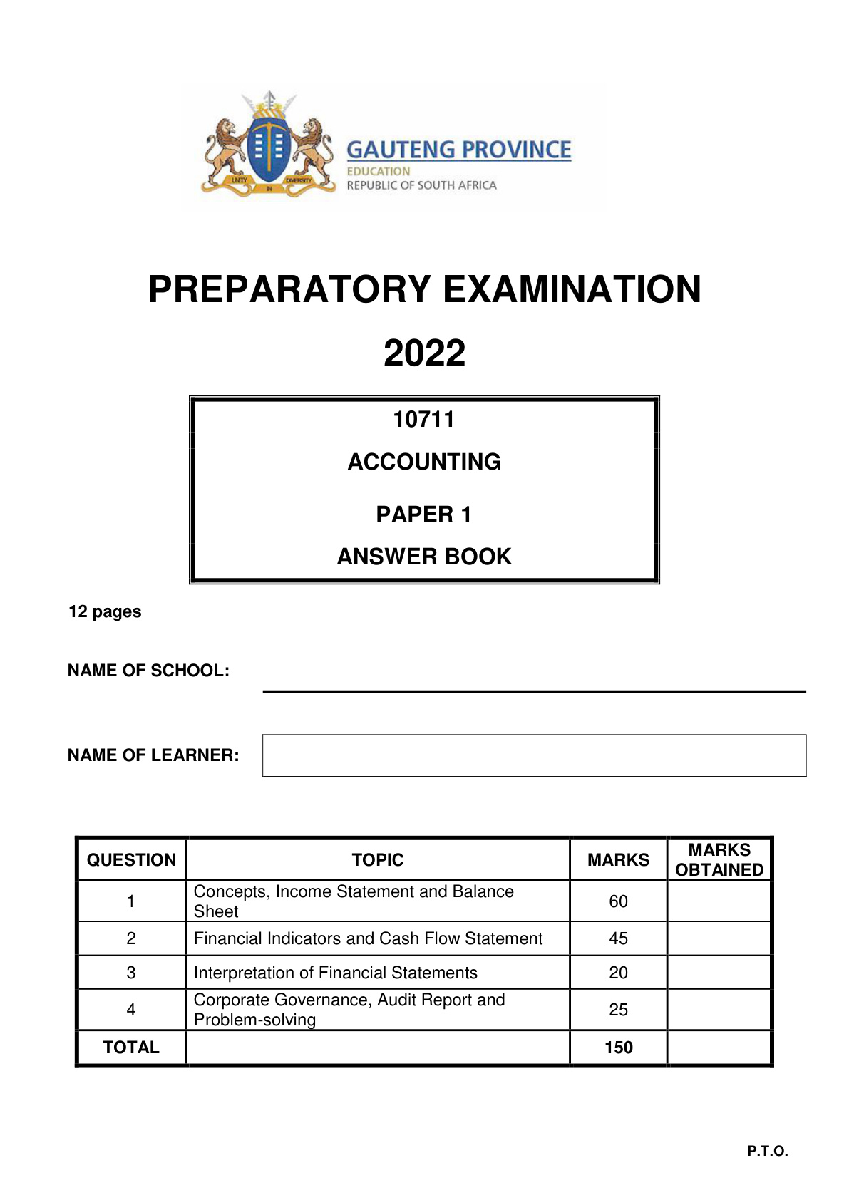 Accounting Paper 1 Answer Book (Gauteng) Preparatory 2022 Grade 12 DBE