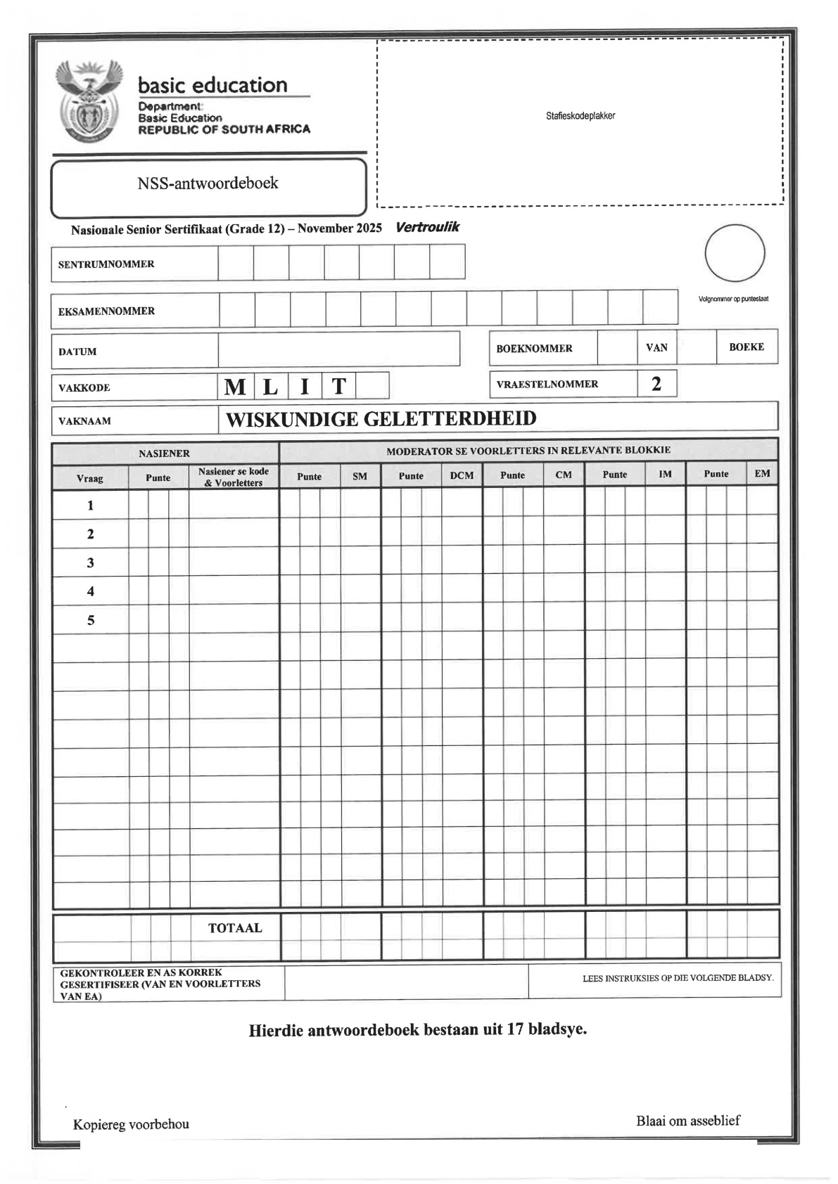 Mathematical Literacy Grade 12 DBE NSC November 2025 Paper 2 - Answer Book (Eastern Cape)
