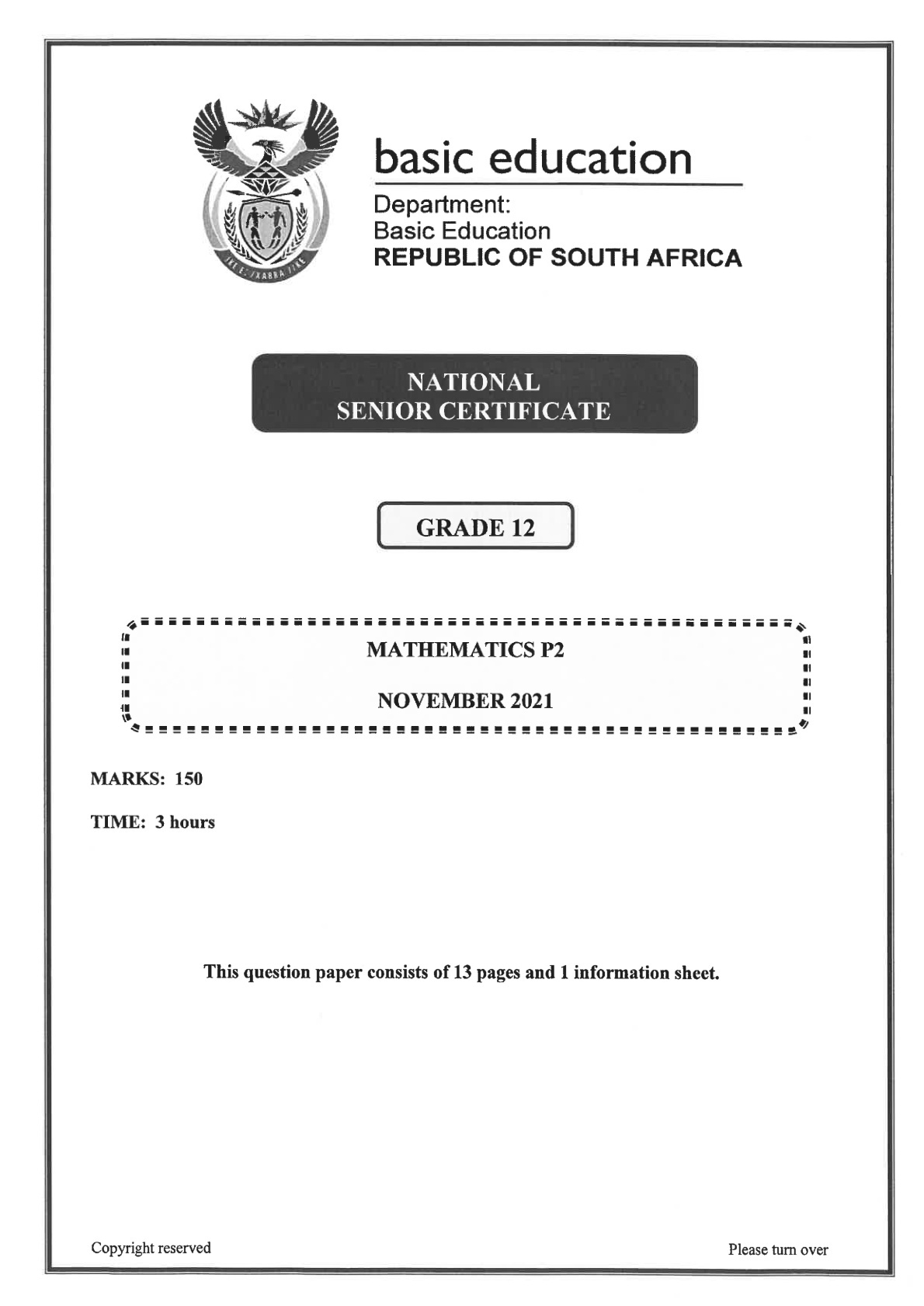 Mathematics Paper 2 (Gauteng) November 2021 Grade 12 DBE