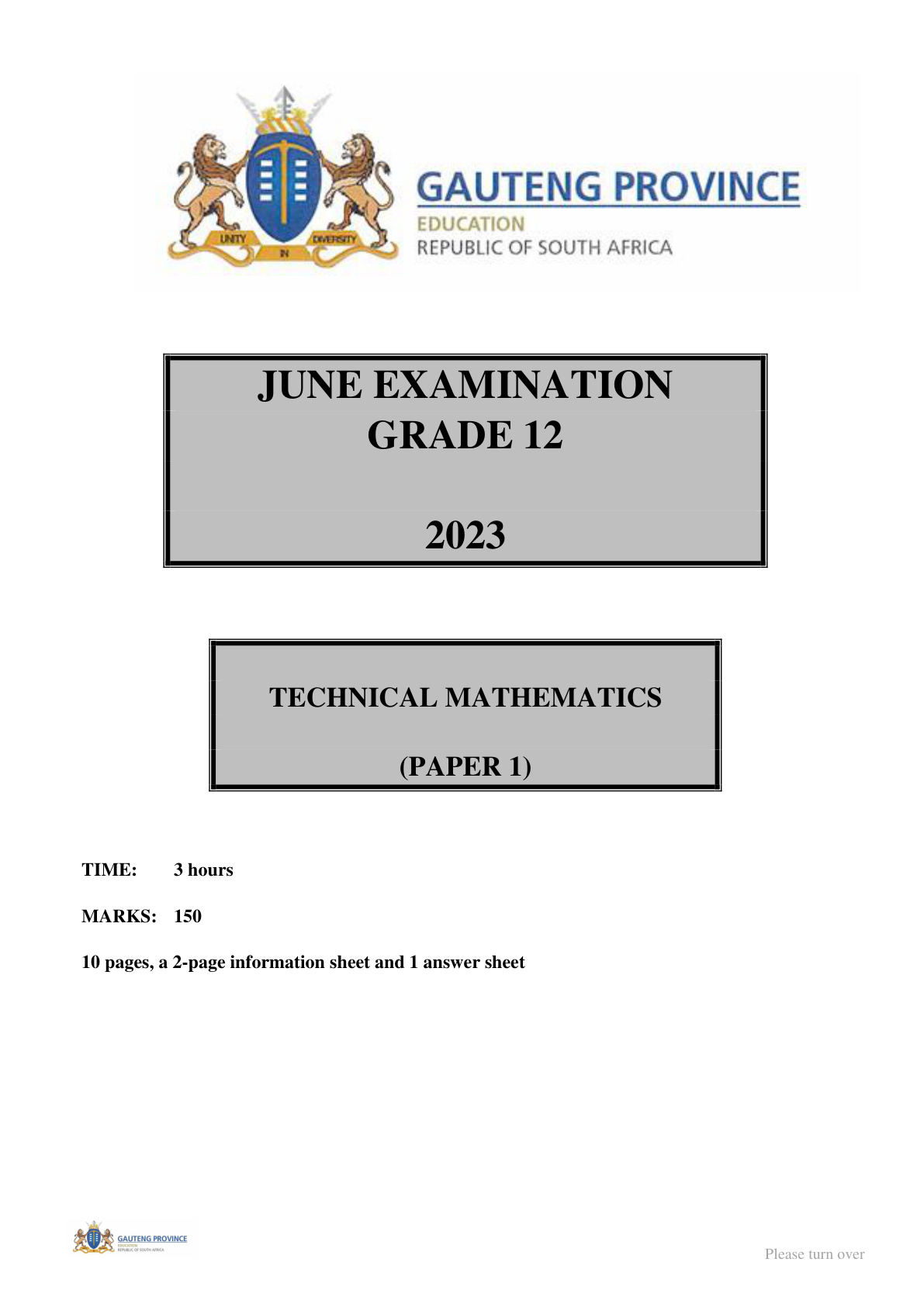 Technical Mathematics Paper 1 (Gauteng) June 2023 Grade 12 DBE