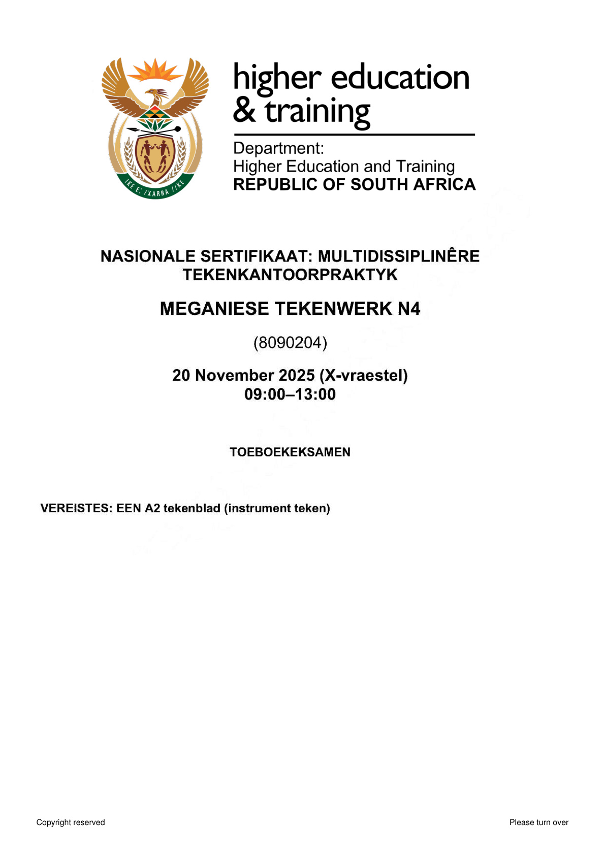 Meganiese Tekenwerk Dhet Nated November 2025 - Question Paper