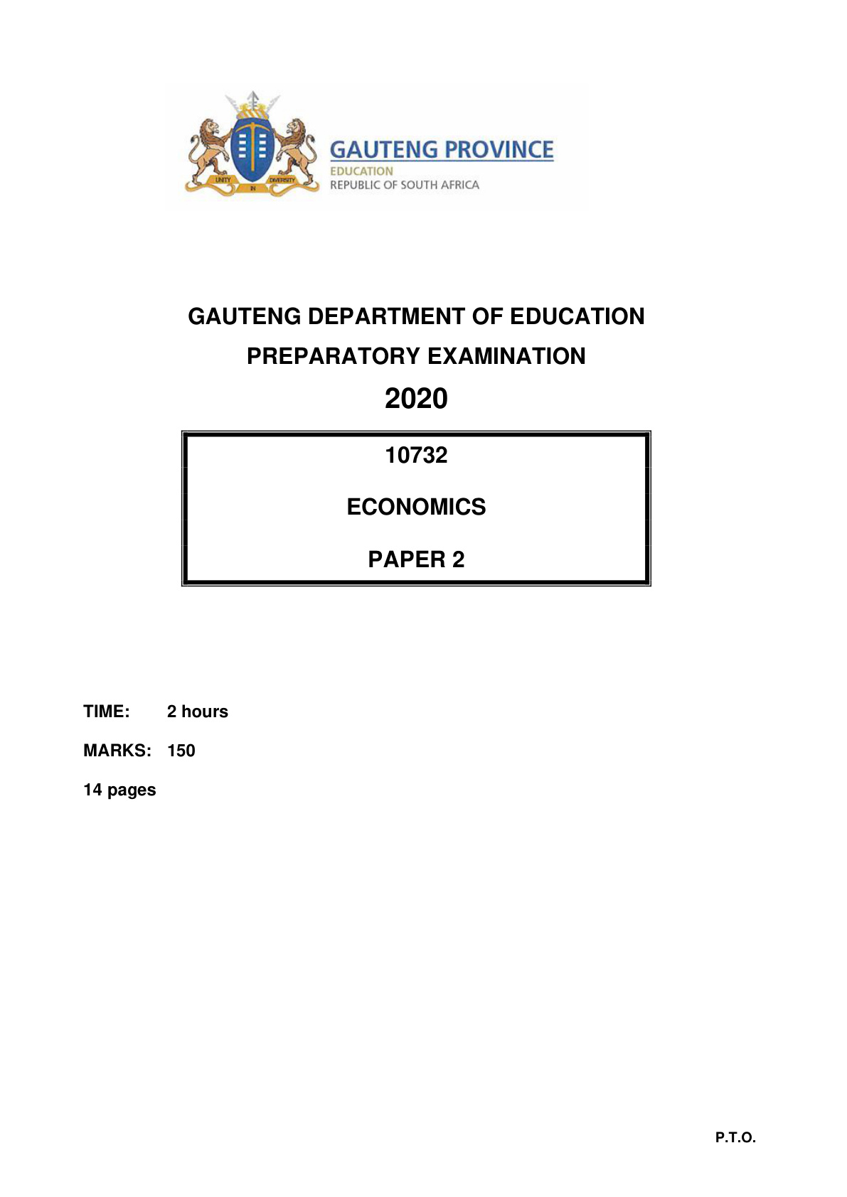 Economics Paper 2 (Gauteng) Preparatory 2020 Grade 12 DBE