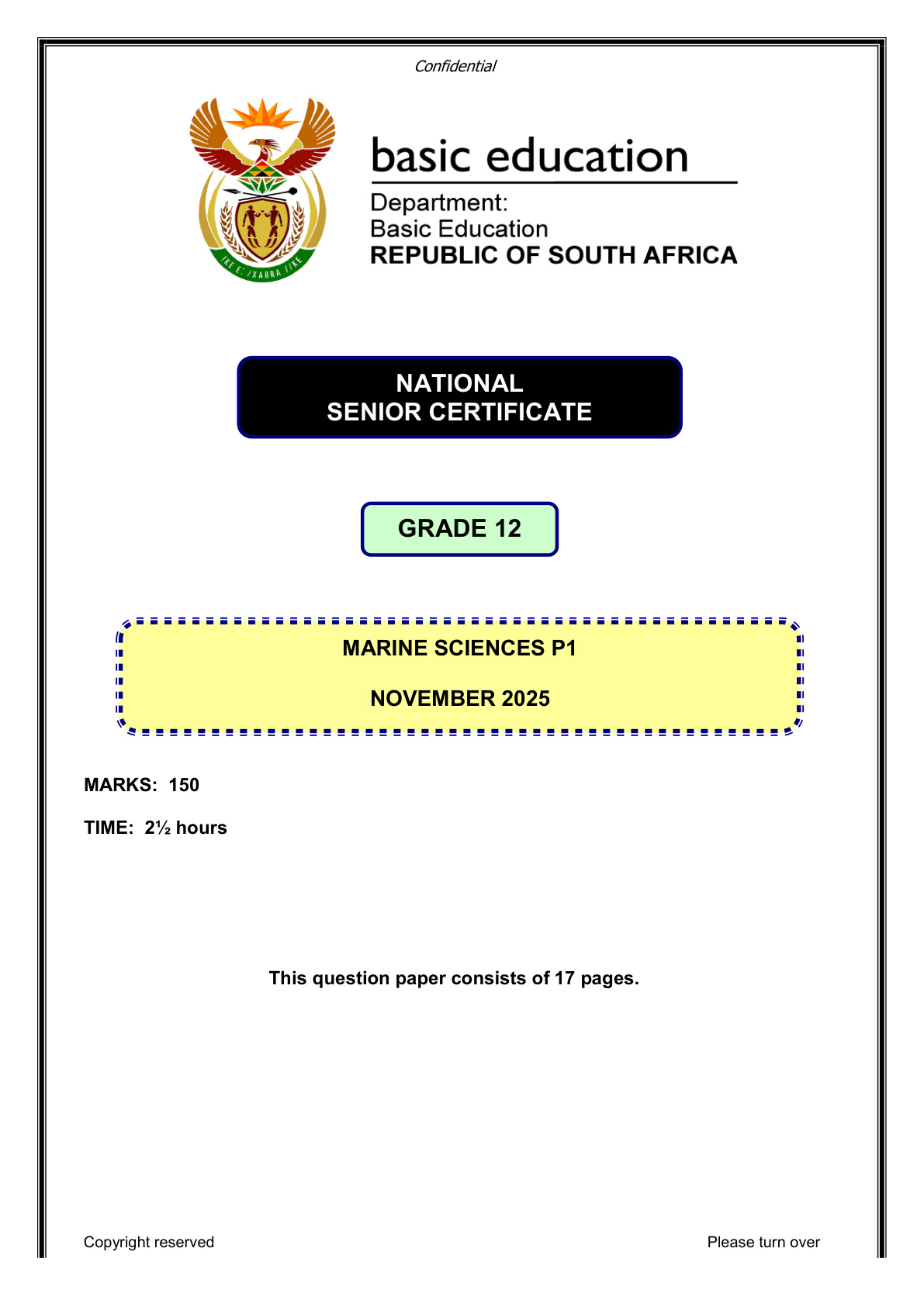 Marine Sciences Grade 12 DBE NSC November 2025 Paper 1 - Question Paper (Eastern Cape)