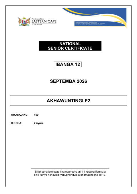 Accounting Grade 12 DBE Caps September 2026 Paper 2 - Question Paper (Eastern Cape)