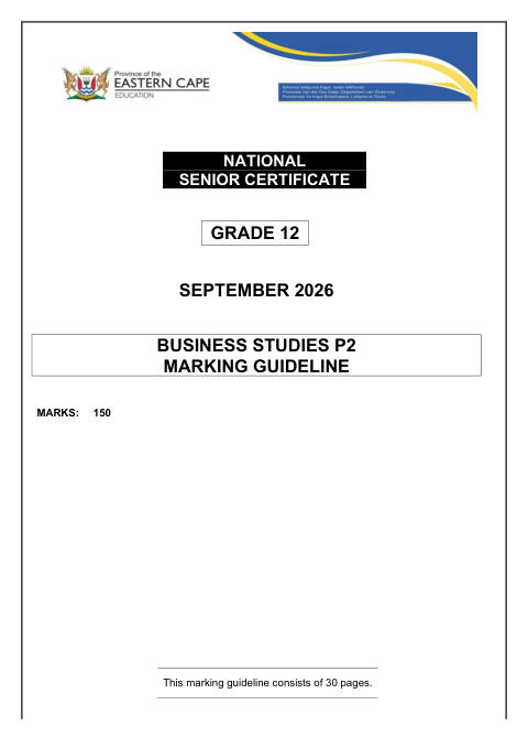 Business Studies Grade 12 DBE Caps September 2026 Paper 2 - Memo (Eastern Cape)