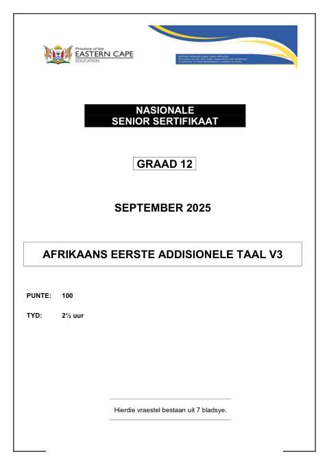 Afrikaans First Additional Language Grade 12 DBE Caps September 2025 Paper 3 - Question Paper (Eastern Cape)