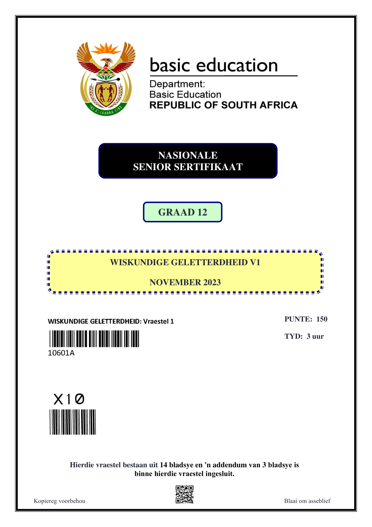 Mathematical Literacy Paper 1 (Gauteng) November 2023 Grade 12 DBE