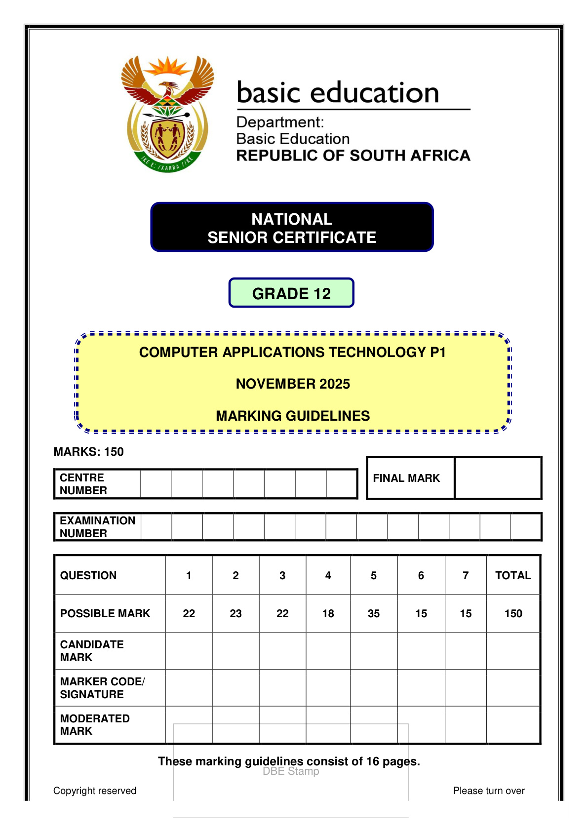Computer Applications Technology Grade 12 DBE NSC November 2025 Paper 1 - Memo (Eastern Cape)