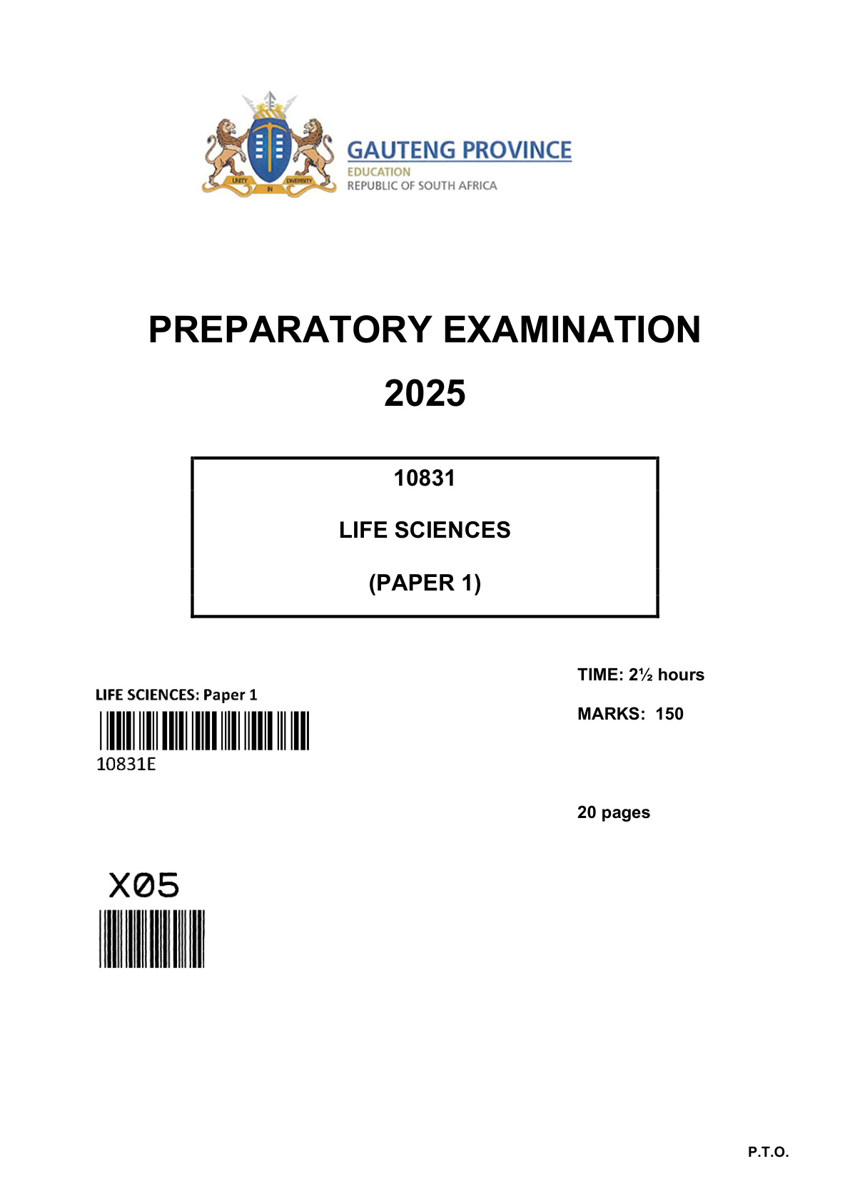 Life Sciences Paper 1 (Gauteng) Preparatory 2025 Grade 12 DBE