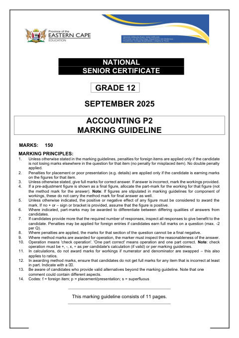 Accounting Grade 12 DBE Caps September 2025 Paper 2 - Memo (Eastern Cape)