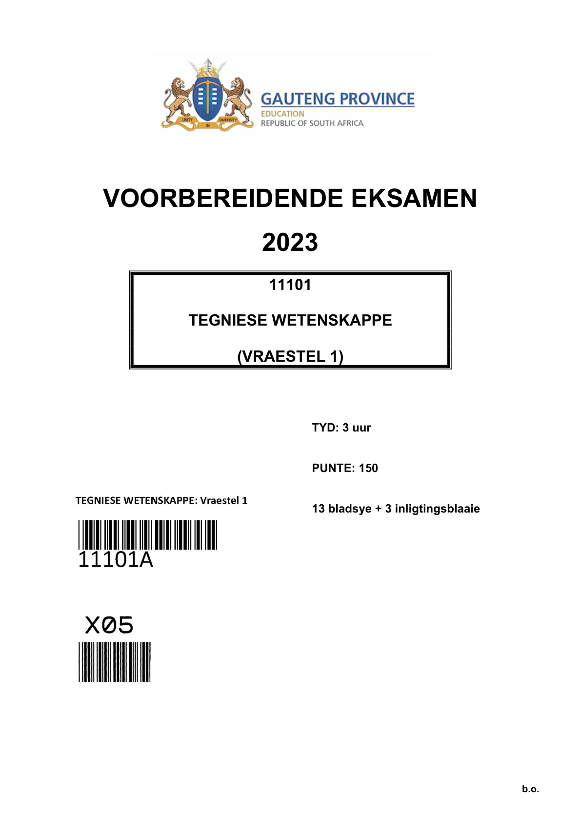 Technical Sciences Paper 1 (Gauteng) Preparatory 2023 Grade 12 DBE