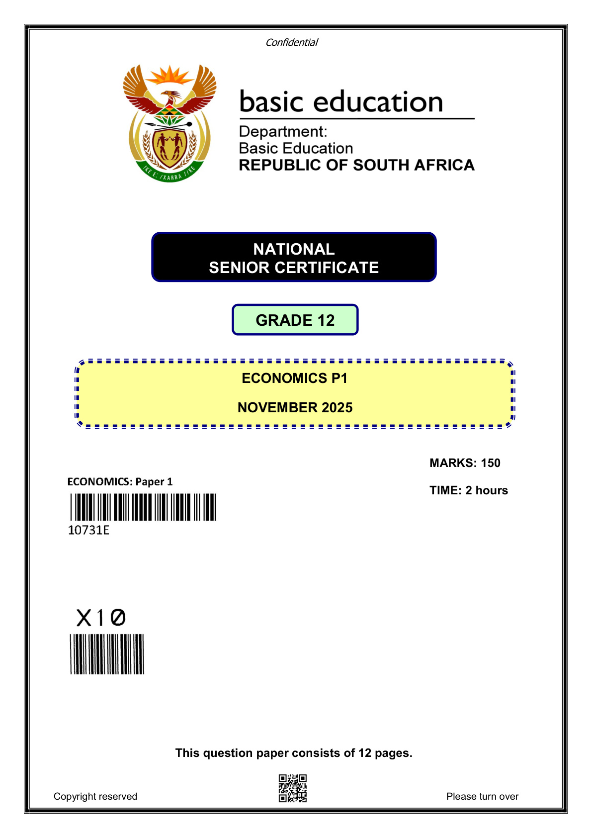 Economics Paper 1 (Gauteng) November 2025 Grade 12 DBE