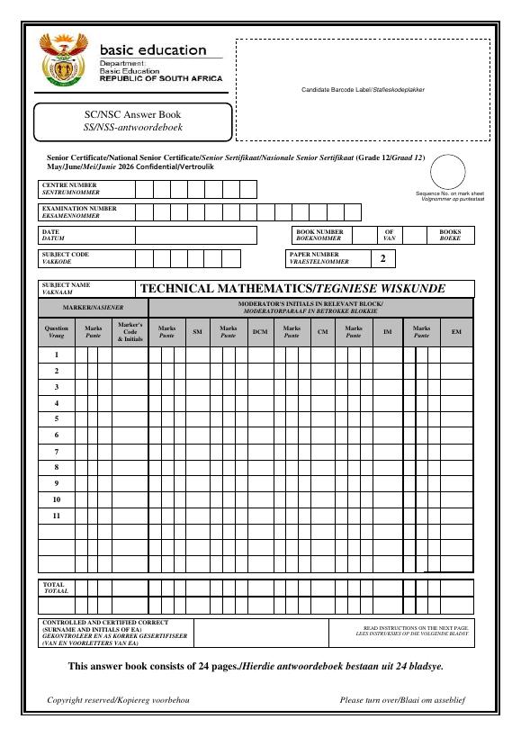 Technical Mathematics Grade 12 DBE Caps May 2026 Paper 2 - Answer Book
