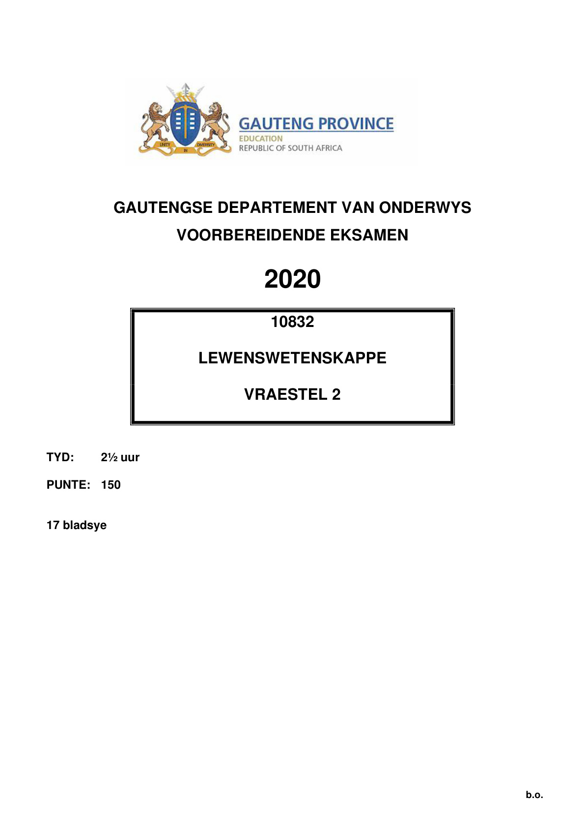 Life Sciences Paper 2 (Gauteng) Preparatory 2020 Grade 12 DBE
