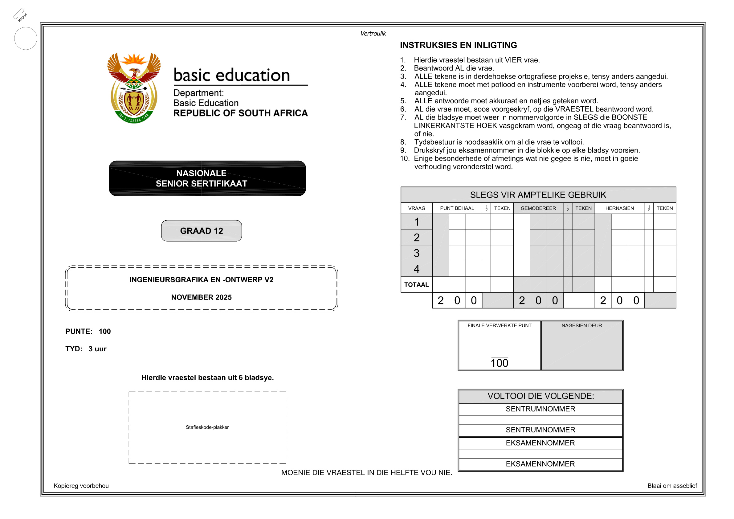 Engineering Graphics and Design Grade 12 DBE NSC November 2025 Paper 2 - Question Paper (Eastern Cape)