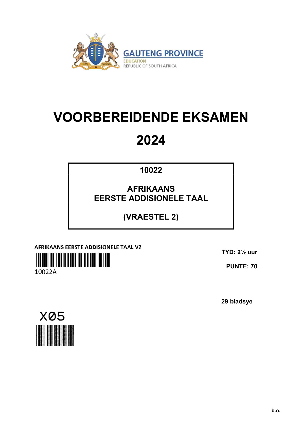 Afrikaans First Additional Language Paper 2 (Gauteng) Preparatory 2024 Grade 12 DBE