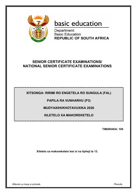 Xitsonga First Additional Language Grade 12 DBE Caps May 2026 Paper 3 - Memo