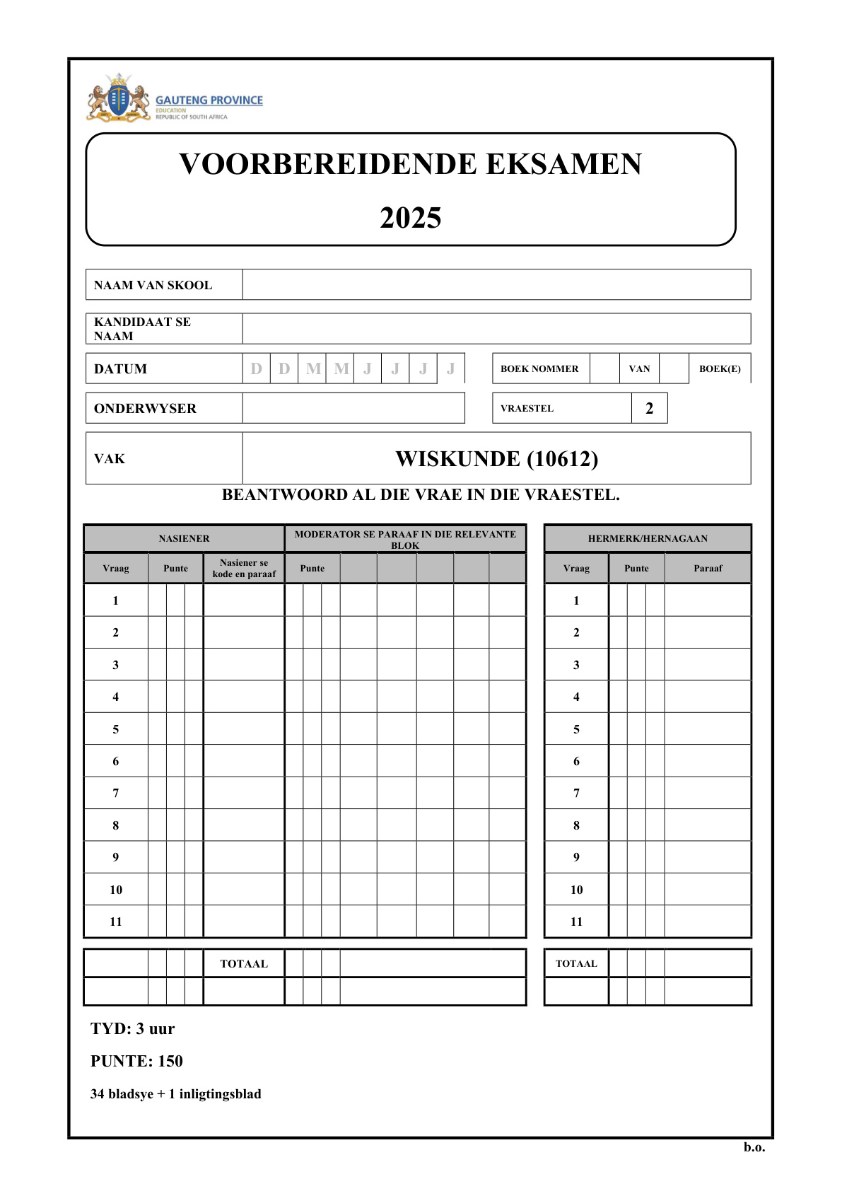 Mathematics Paper 2 (Gauteng) Preparatory 2025 Grade 12 DBE