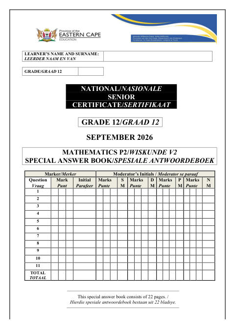 Mathematics Grade 12 DBE Caps September 2026 Paper 2 - Answer Book (Eastern Cape)