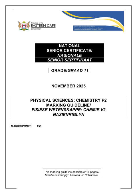 Physical Sciences Grade 11 DBE Caps November 2025 Paper 2 - Memo (Eastern Cape)