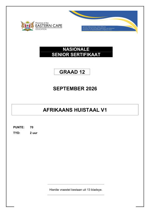 Afrikaans Home Language Grade 12 DBE Caps September 2026 Paper 1 - Question Paper (Eastern Cape)