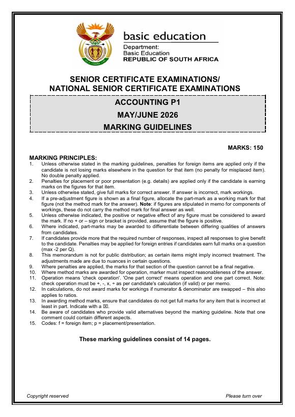 Accounting Grade 12 DBE Caps May 2026 Paper 1 - Memo