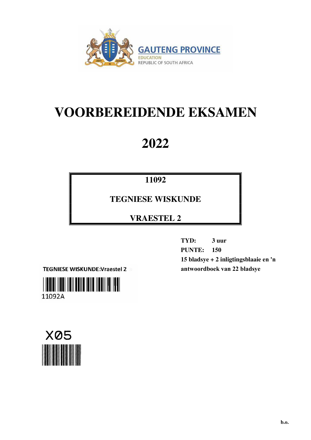Technical Mathematics Paper 2 (Gauteng) Preparatory 2022 Grade 12 DBE