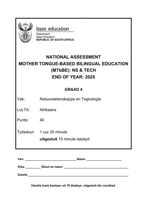 Natural Sciences And Technology Grade 4 DBE Caps November 2025 - Question Paper (Eastern Cape)